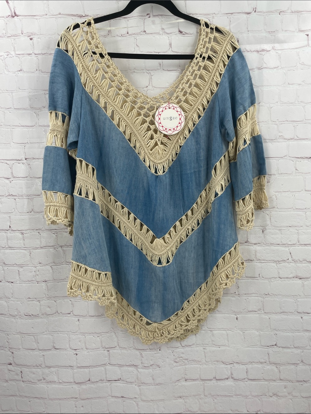 Umgee Light Blue Denim Tunic with Cream Crochet Trim Hippie Festival Boho Small